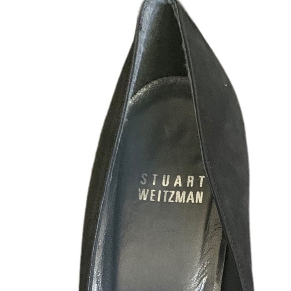 Stuart Weitzman Puento Black Suede Peep Toe Stiletto Heels Sz 8.5 Red Bow & Heel - Picture 7 of 14